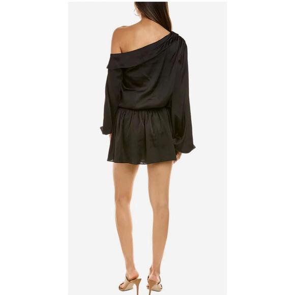 NEW RAMY BROOK timothy satin off shoulder blouson mini dress in black